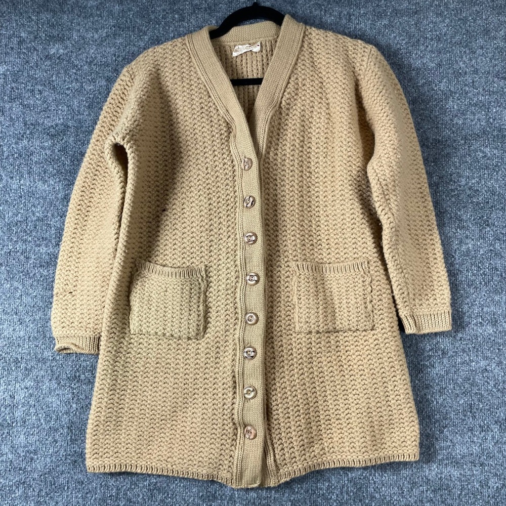 Vintage Tudor Square Cardigan Sweater Womens M Tan Heavy Knit Wool 50s Pockets